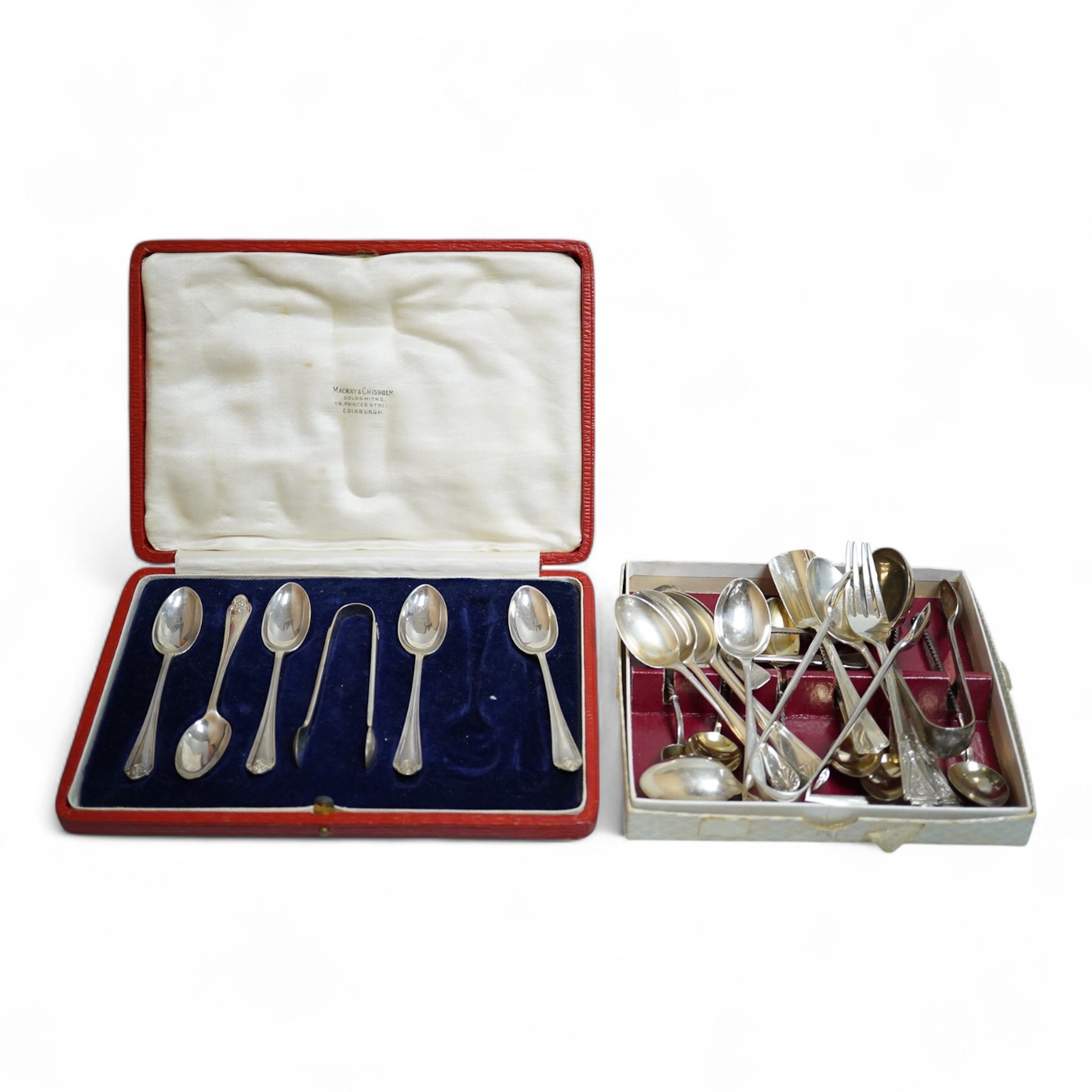A cased set of five(ex 6) silver teaspoons and pair of sugar tongs, a set of six shell end coffee spoons, five other silver items of flatware, a boxed set of six 830 standard white metal teaspoons, an 800 standard shovel